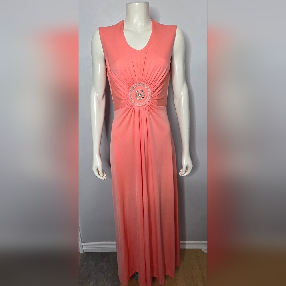 Vintage Coral Evening Maxi Dress with Embellished Waist